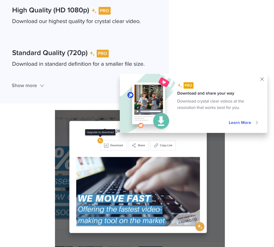 A collection of upsell prototypes across the three download touchpoints