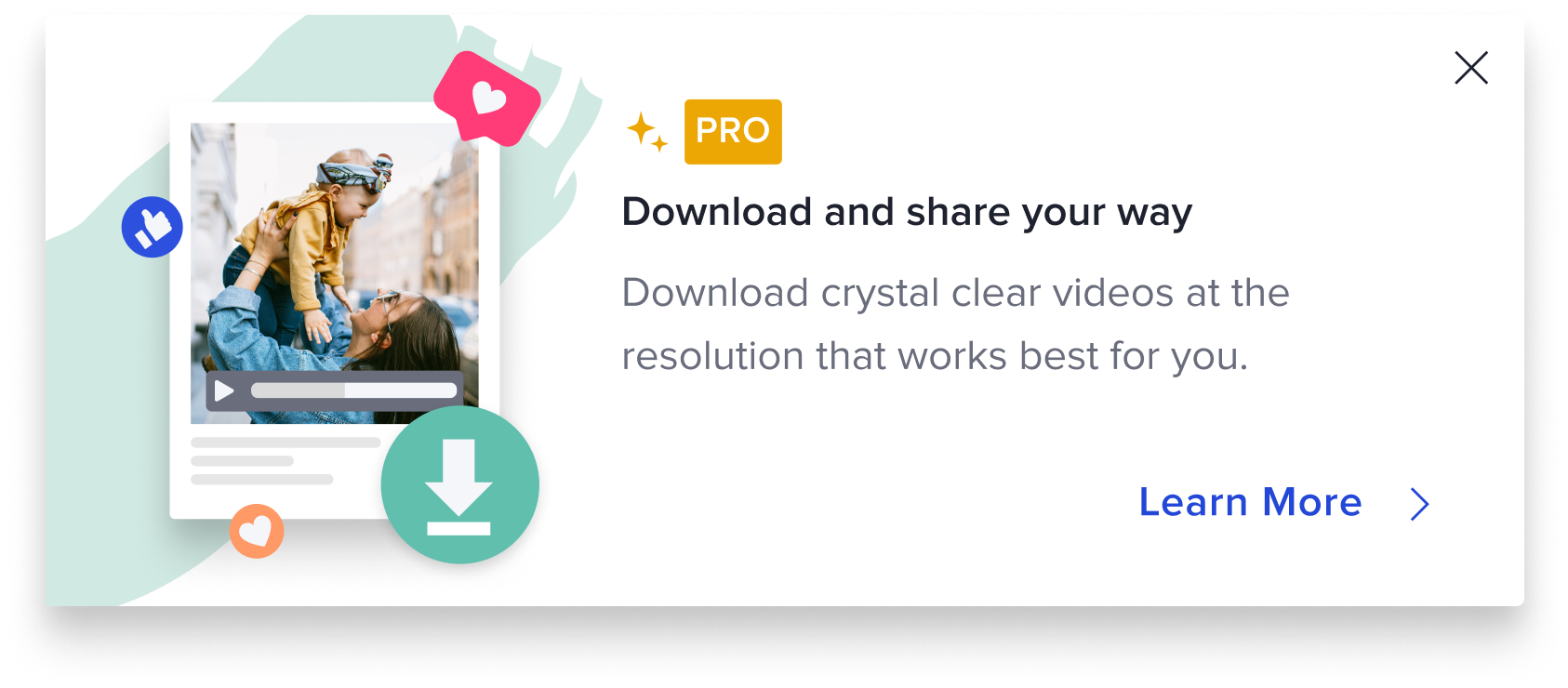 Pop-up toast panel upselling video downloads as a Pro feature