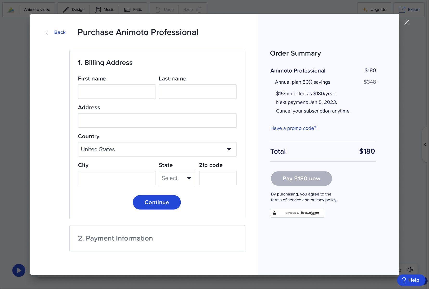 Billing information step of the in-product checkout