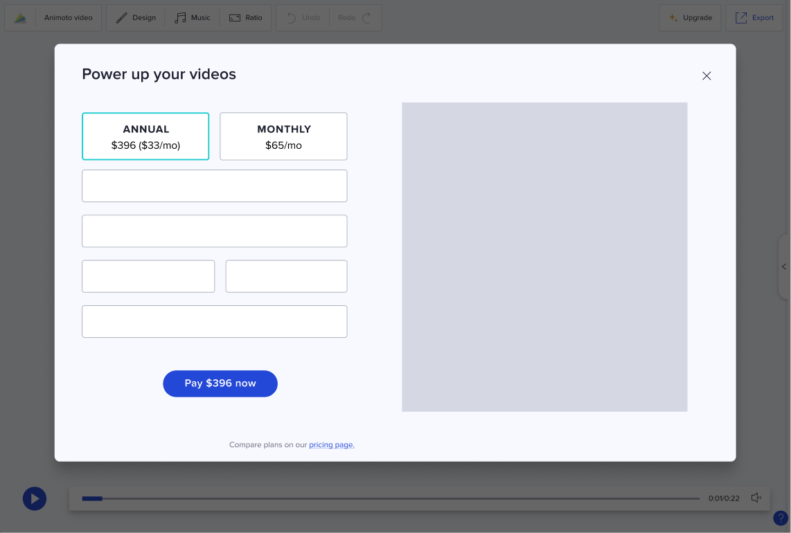 Wireframe of an in-product checkout modal with annual/monthly plan toggle