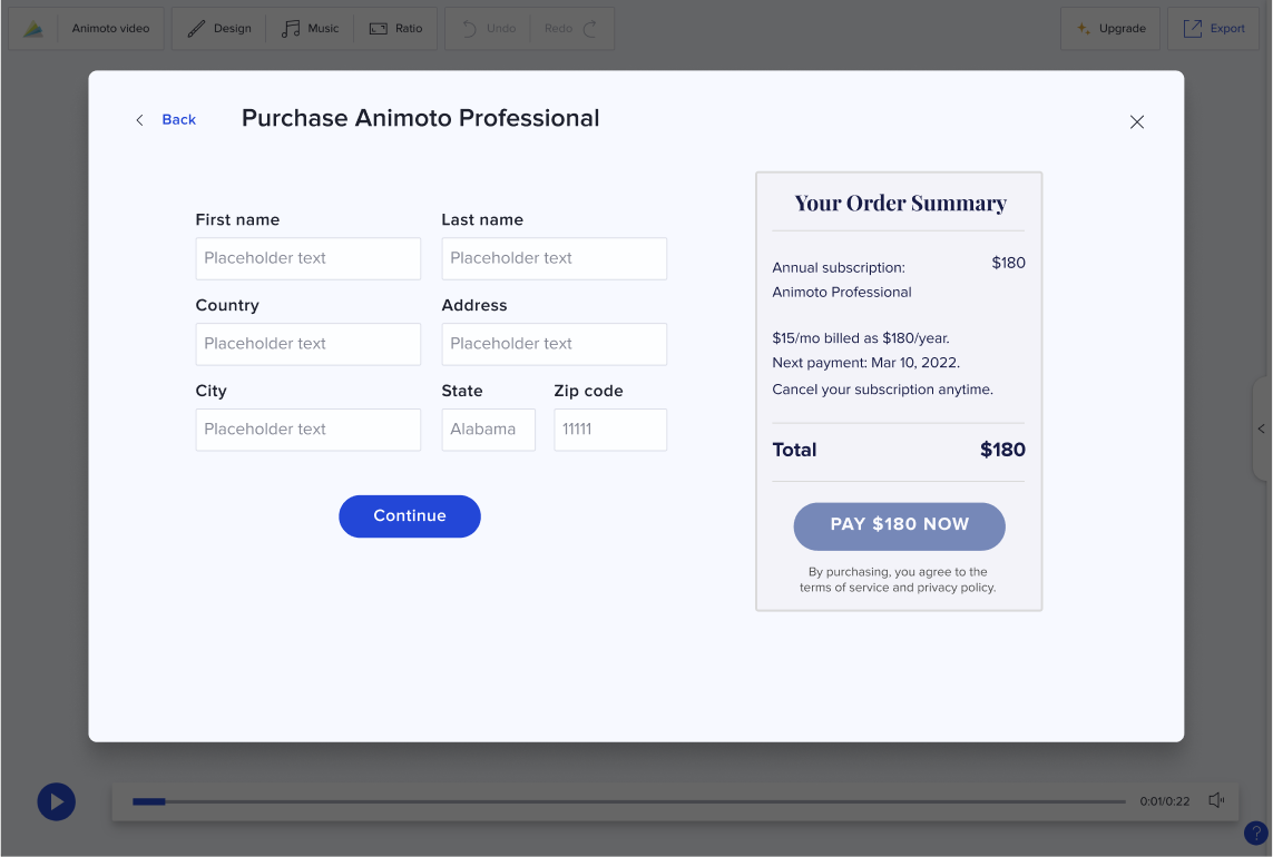 Exploration of a purchase modal with billing form and order summary