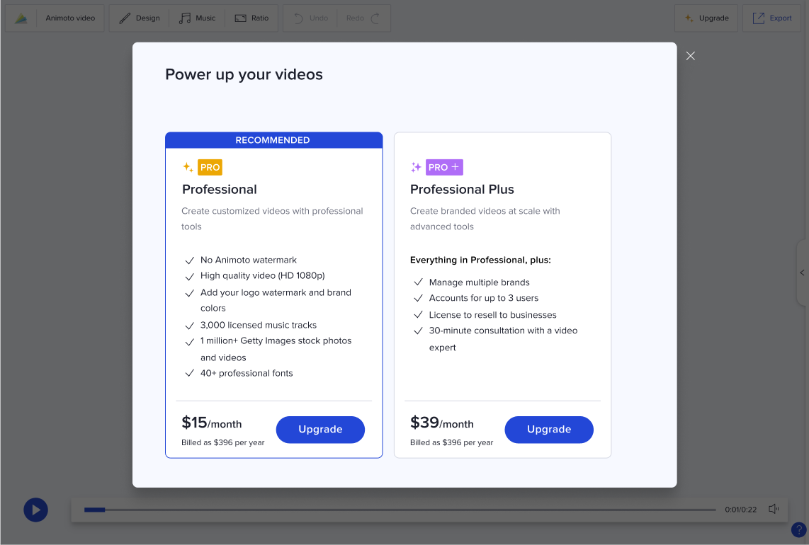 Exploration of a plan comparison modal with Professional and Professional Plus plans