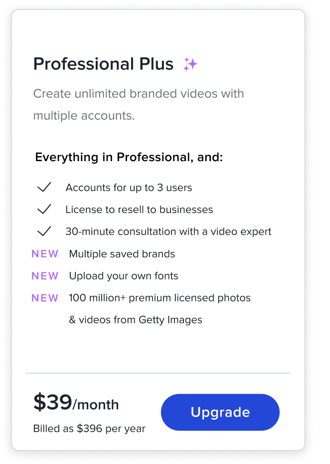 Professional Plus pricing plan card with upgrade button