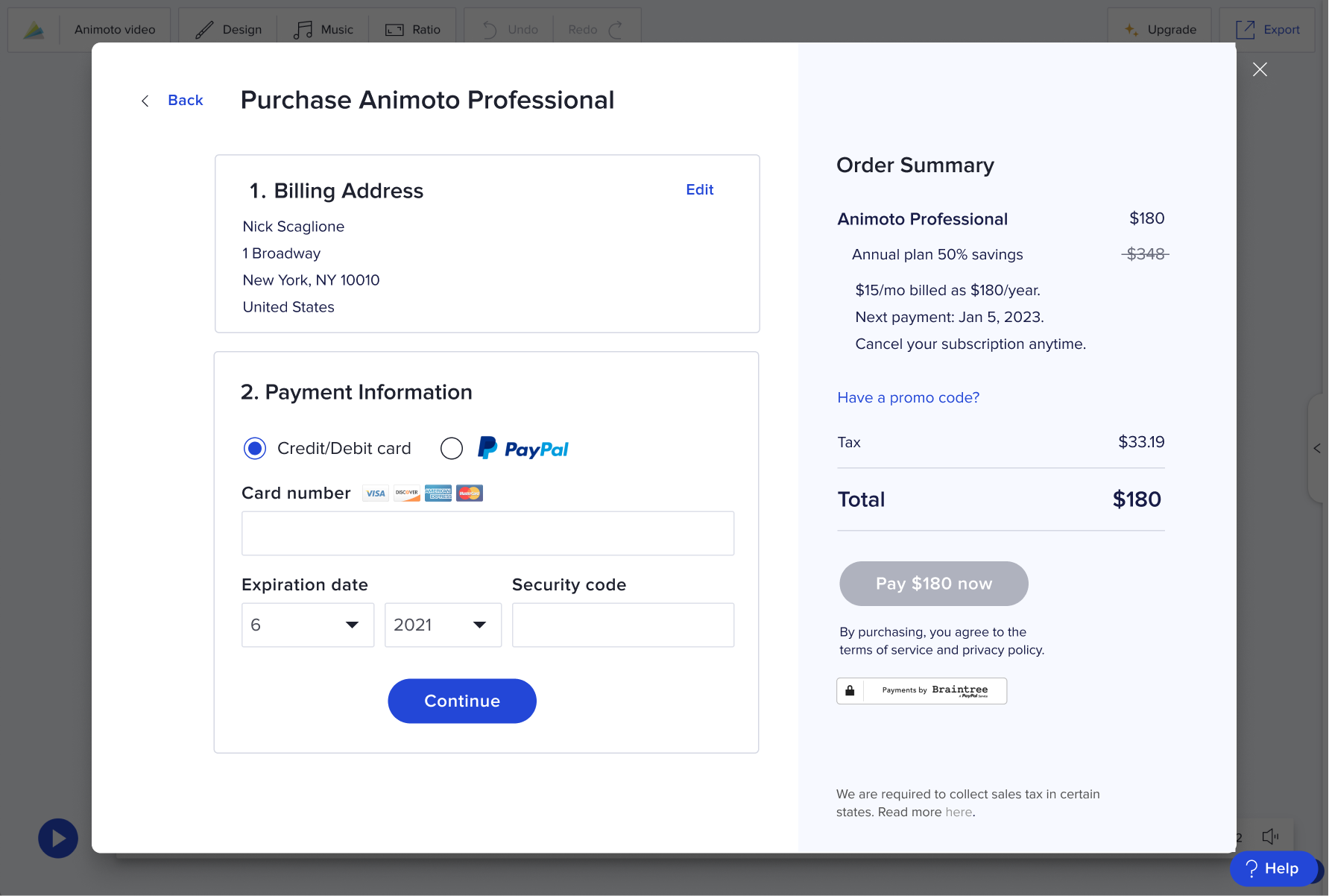 Payment information step of the in-product checkout