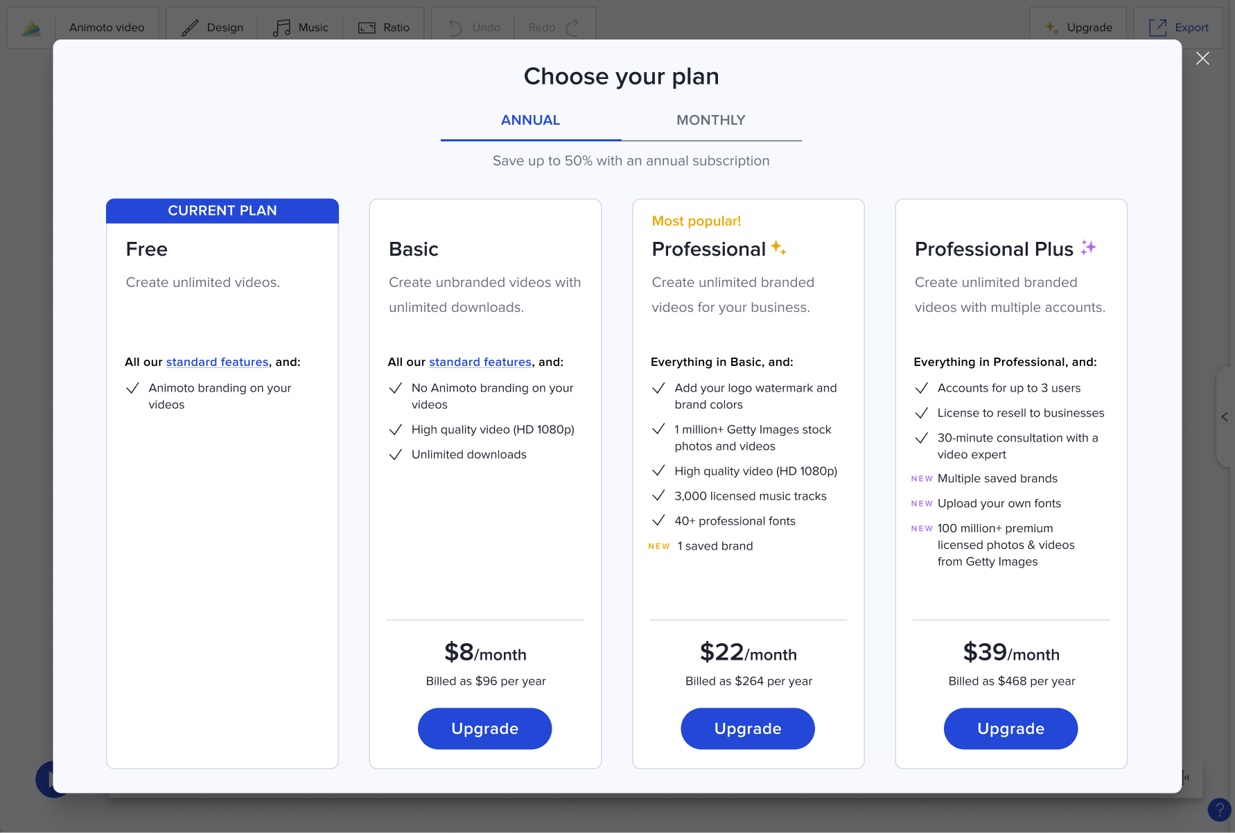 Plan selection step of the in-product checkout