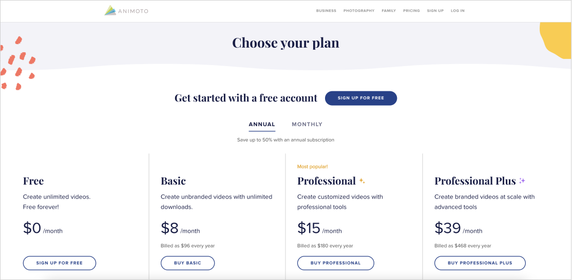The old flow: an upgrade button took users out of the product to the Animoto pricing page