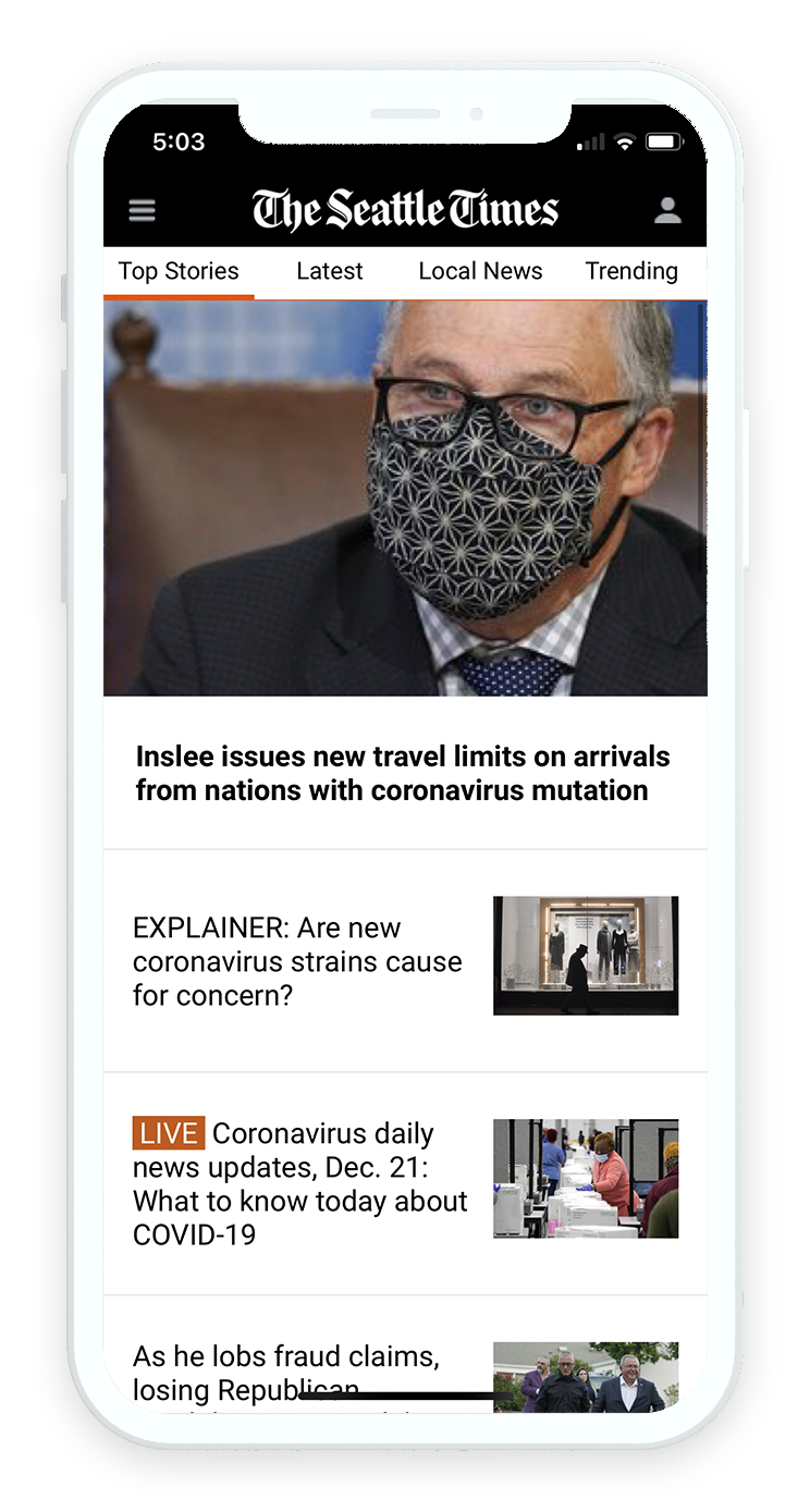 Top Stories feed blending a large lead image with an article list