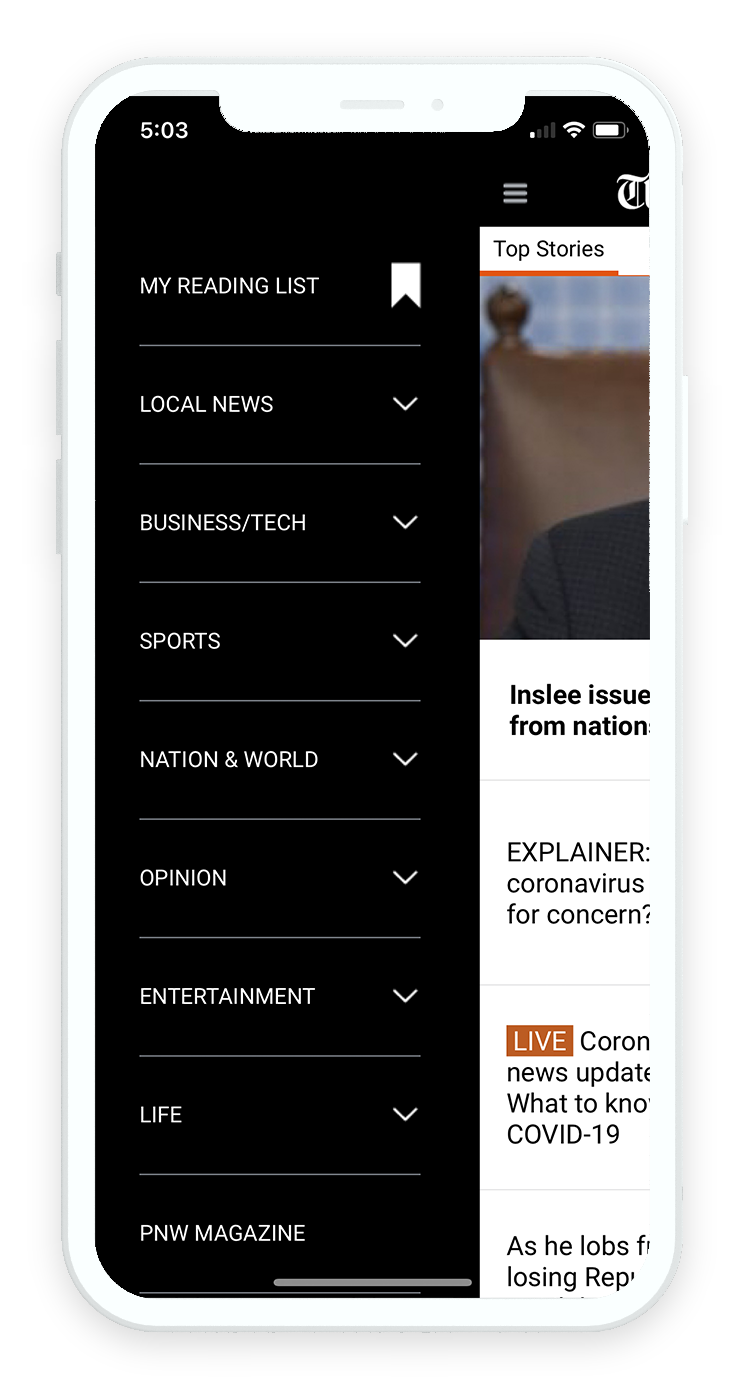 Section navigation drawer listing news sections