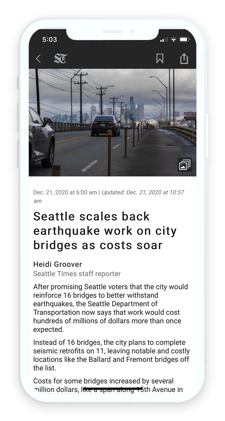 Article reading view with lead photo and story text