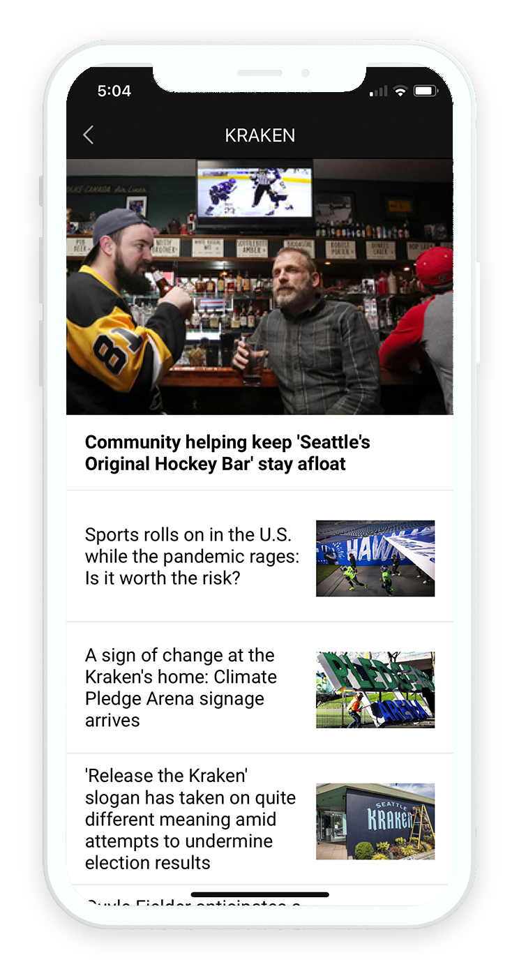 The redesigned Seattle Times iOS app showing a section news feed