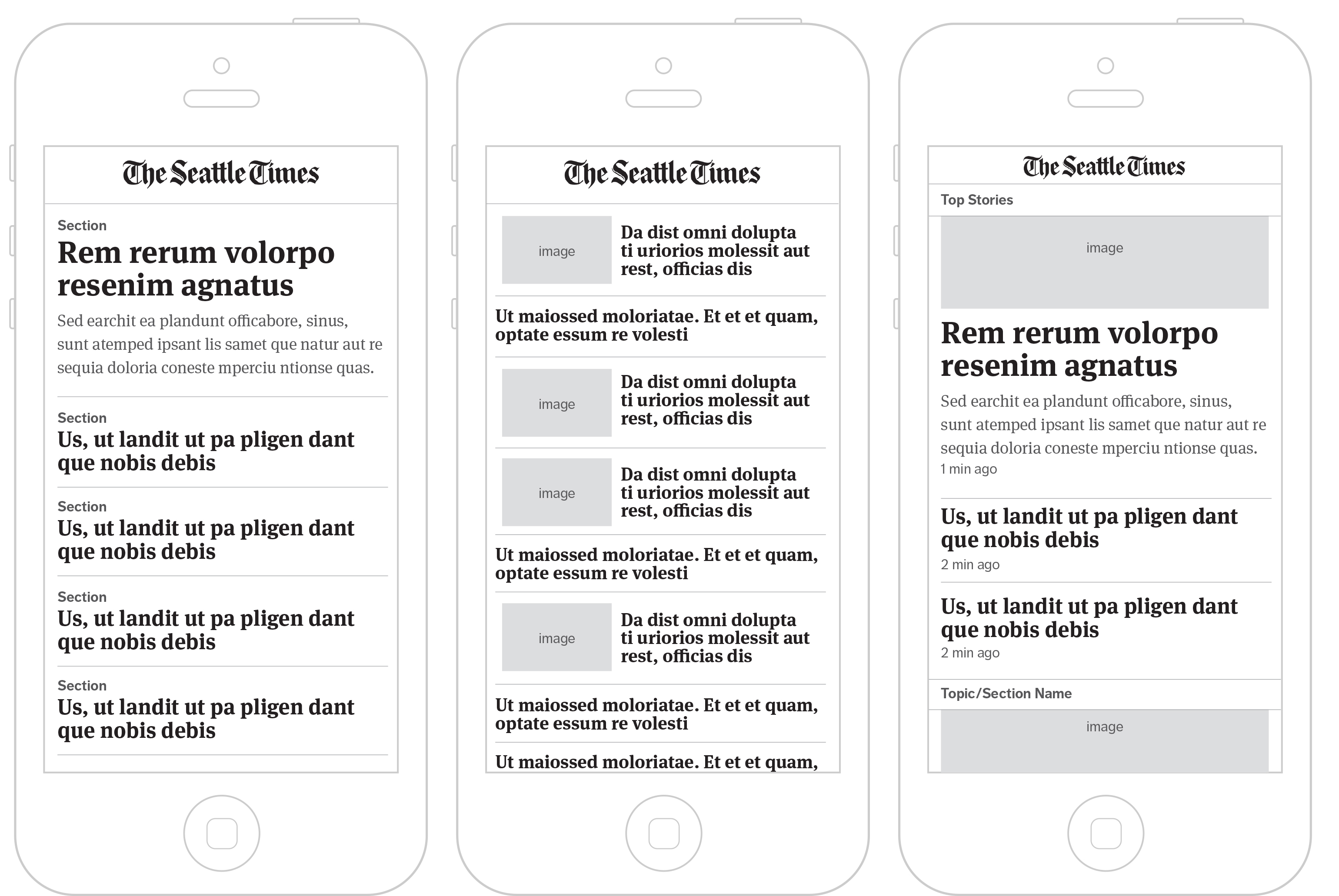 Wireframes exploring section lists, blended story feeds, and top stories layouts