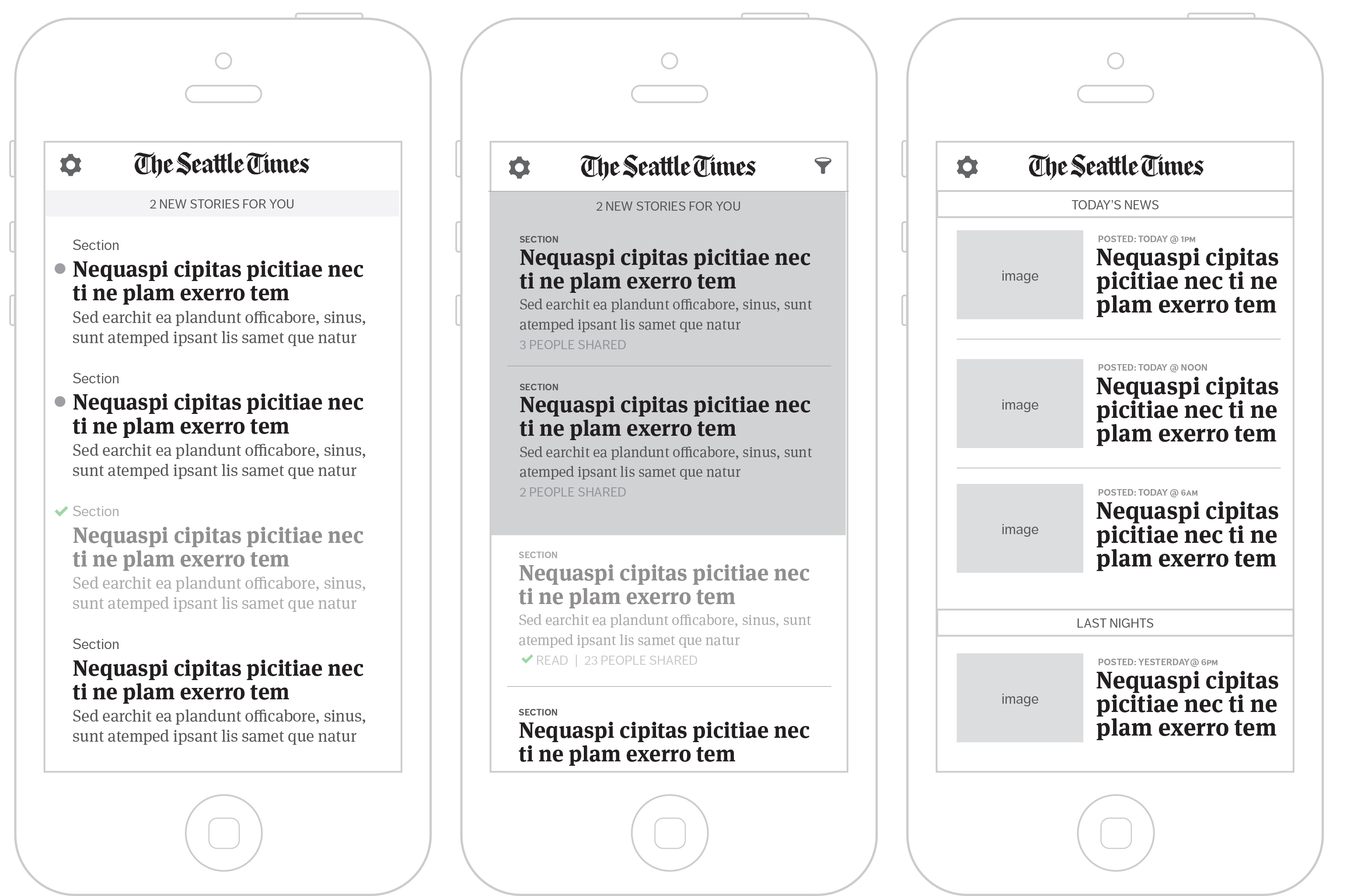 Wireframes exploring story presentation, read states, and a chronological news feed
