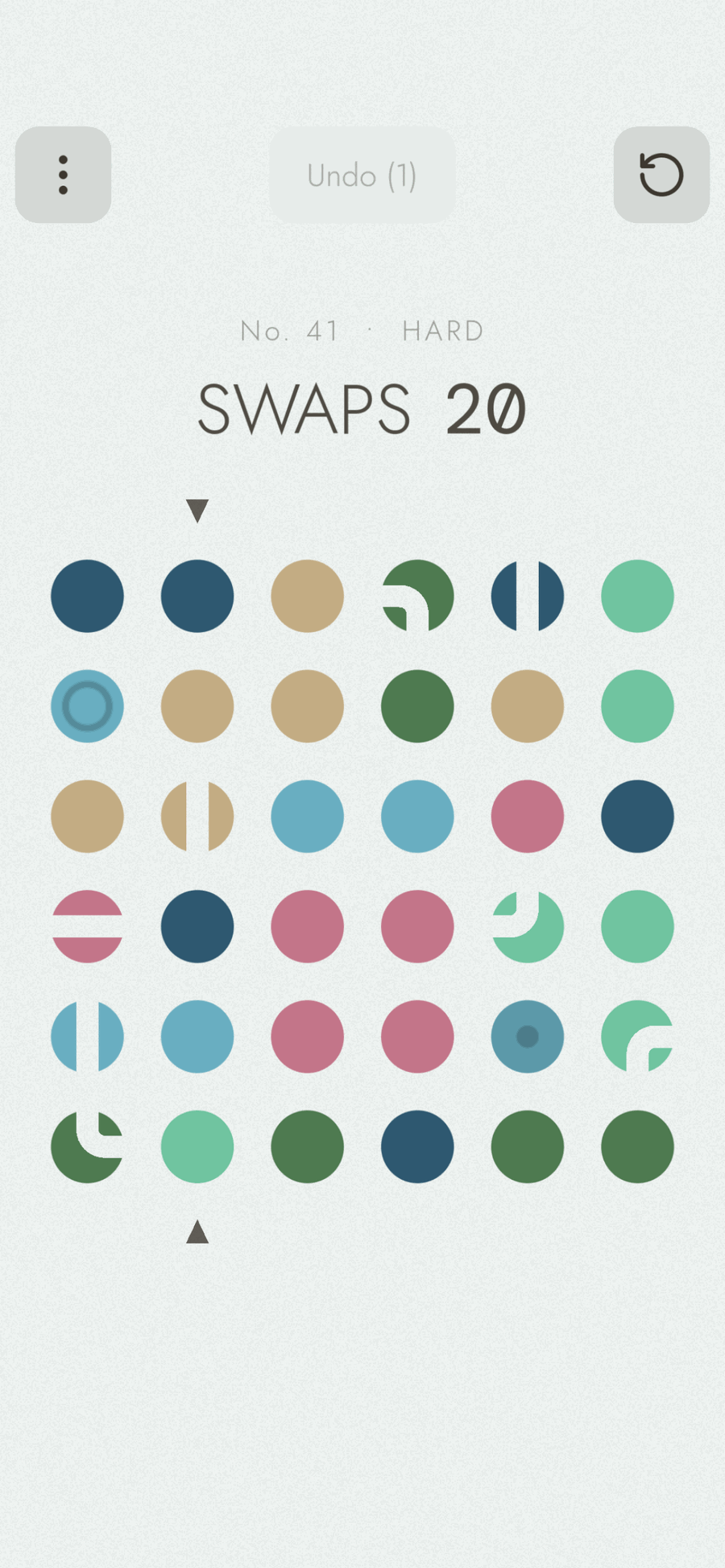 A Thread puzzle board at the Hard tier, showing a six-by-six grid of colored dots and a swap counter
