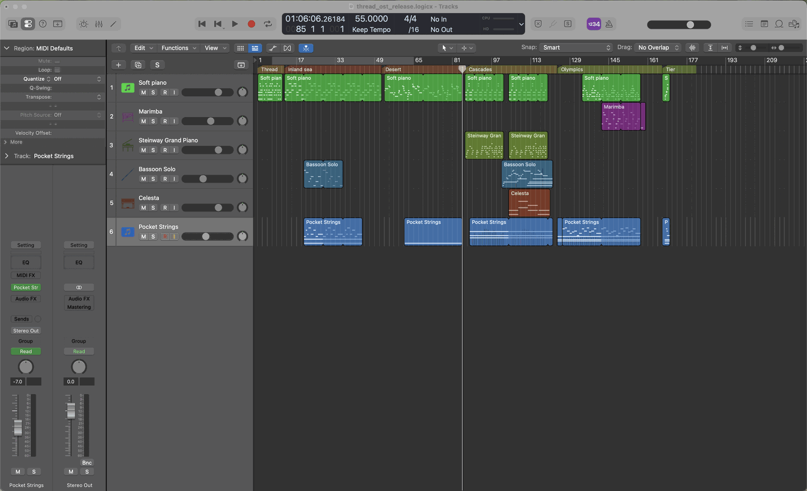 The Thread soundtrack session in Logic Pro, showing six instrument tracks and cues named after the game's color palettes