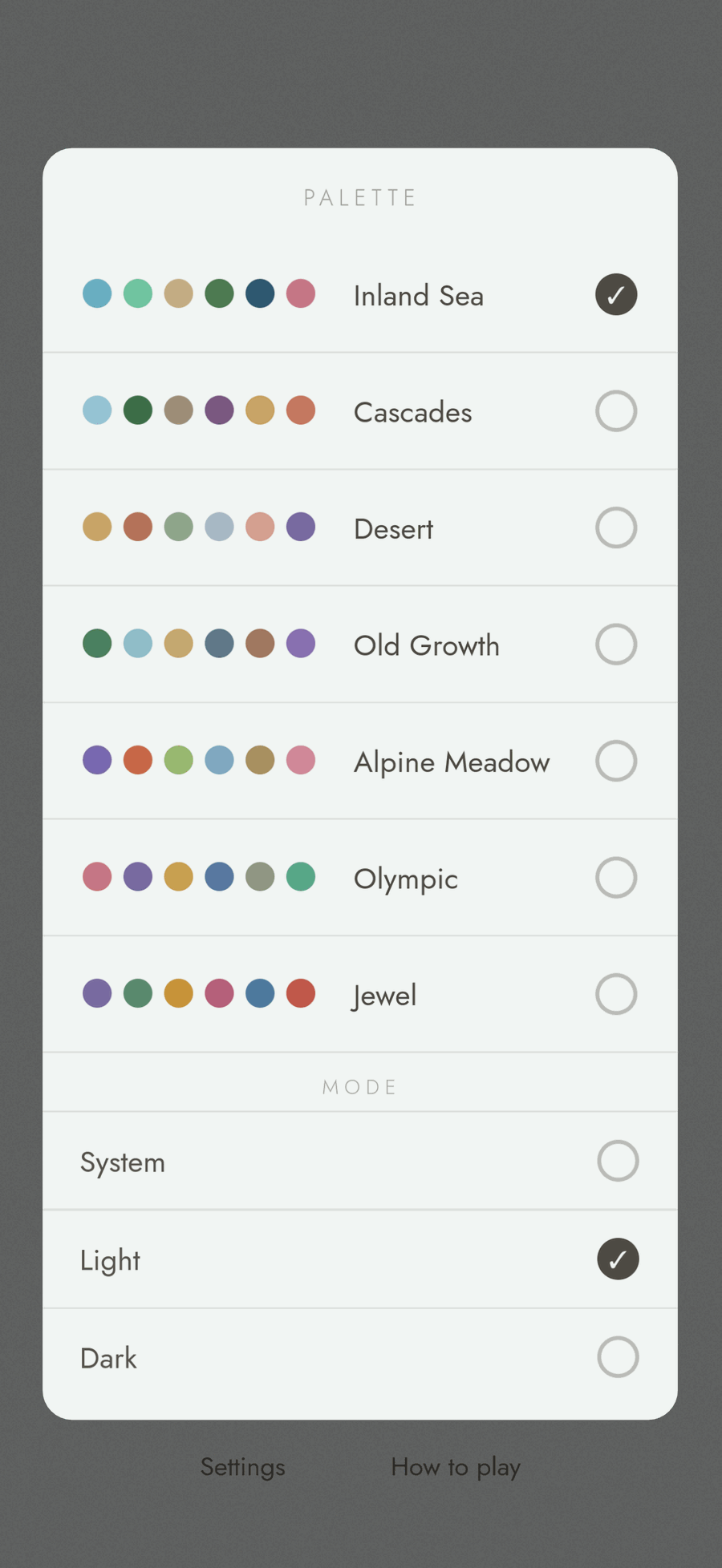 The palette picker, showing seven color palettes and a light/dark/system mode toggle